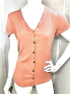 Bozzolo Peach Ribbed Button-Front Short Sleeve Top